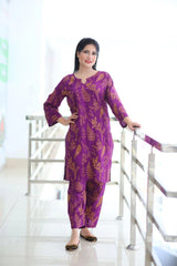 Floral Leaf Print 2Pcs Stitched Lawn Luxury Suit