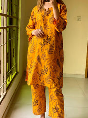 Floral Leaf Print 2Pcs Stitched Lawn Luxury Suit