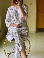 Floral Leaf Print 2Pcs Stitched Lawn Luxury Suit