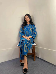 Floral Leaf Print 2Pcs Stitched Lawn Luxury Suit