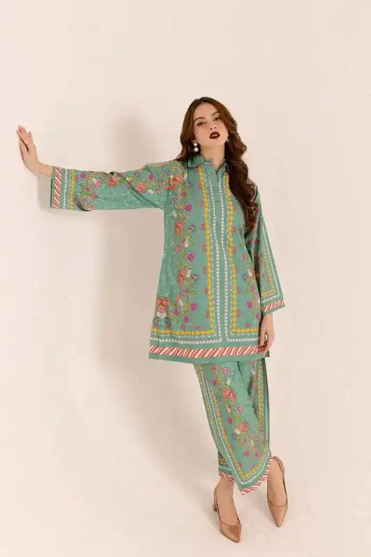 Emerald 2Pcs Stitched Lawn Luxury Suit Pakistani Designer