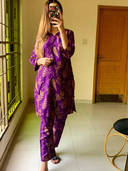 Floral Leaf Print 2Pcs Stitched Lawn Luxury Suit