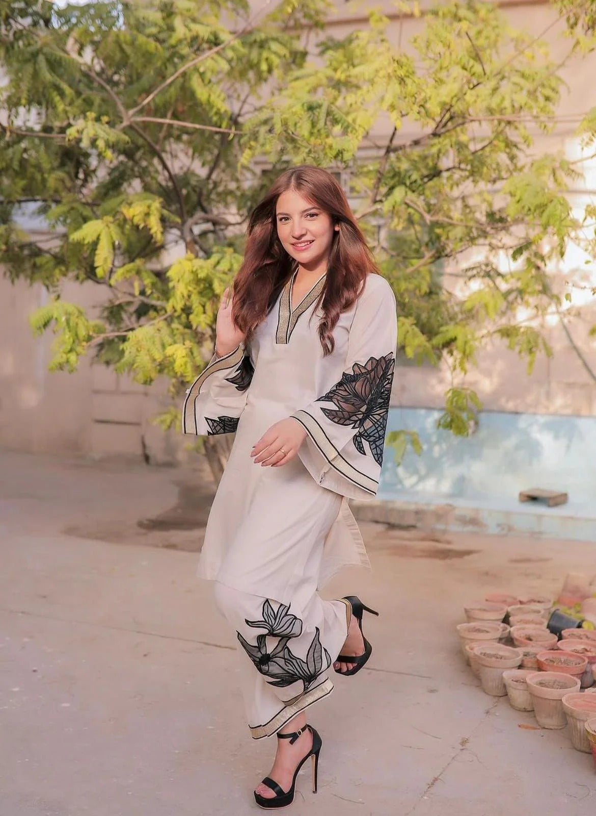 ALMOND PLAZZO STICHTED 2PCS Lawn Luxury Stitched Suit